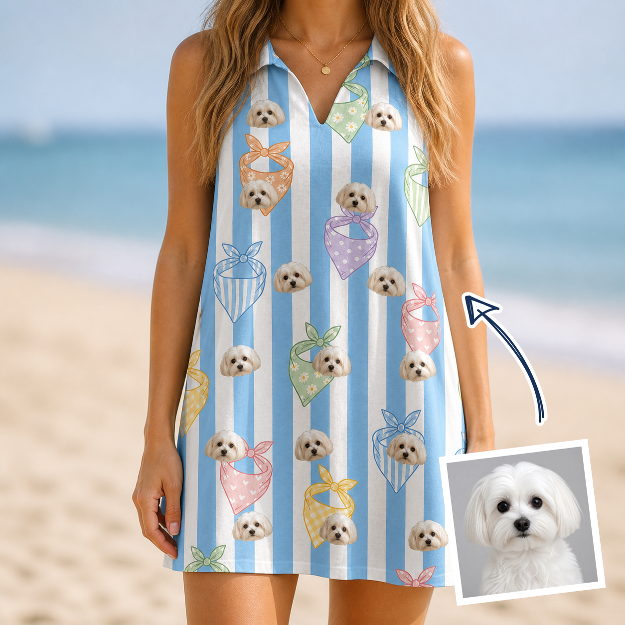 Woman wearing Women's Paisley Pooches Custom Dog Face V-Neck Dress — custom faces printed all-over