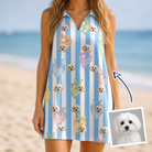 Woman wearing Women's Paisley Pooches Custom Dog Face V-Neck Dress — custom faces printed all-over