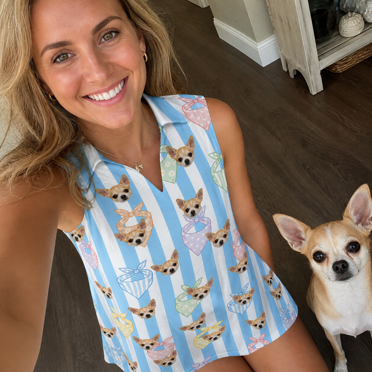 Selfie with the pet whose face is printed all over this Women's Paisley Pooches Custom Dog Face V-Neck Dress