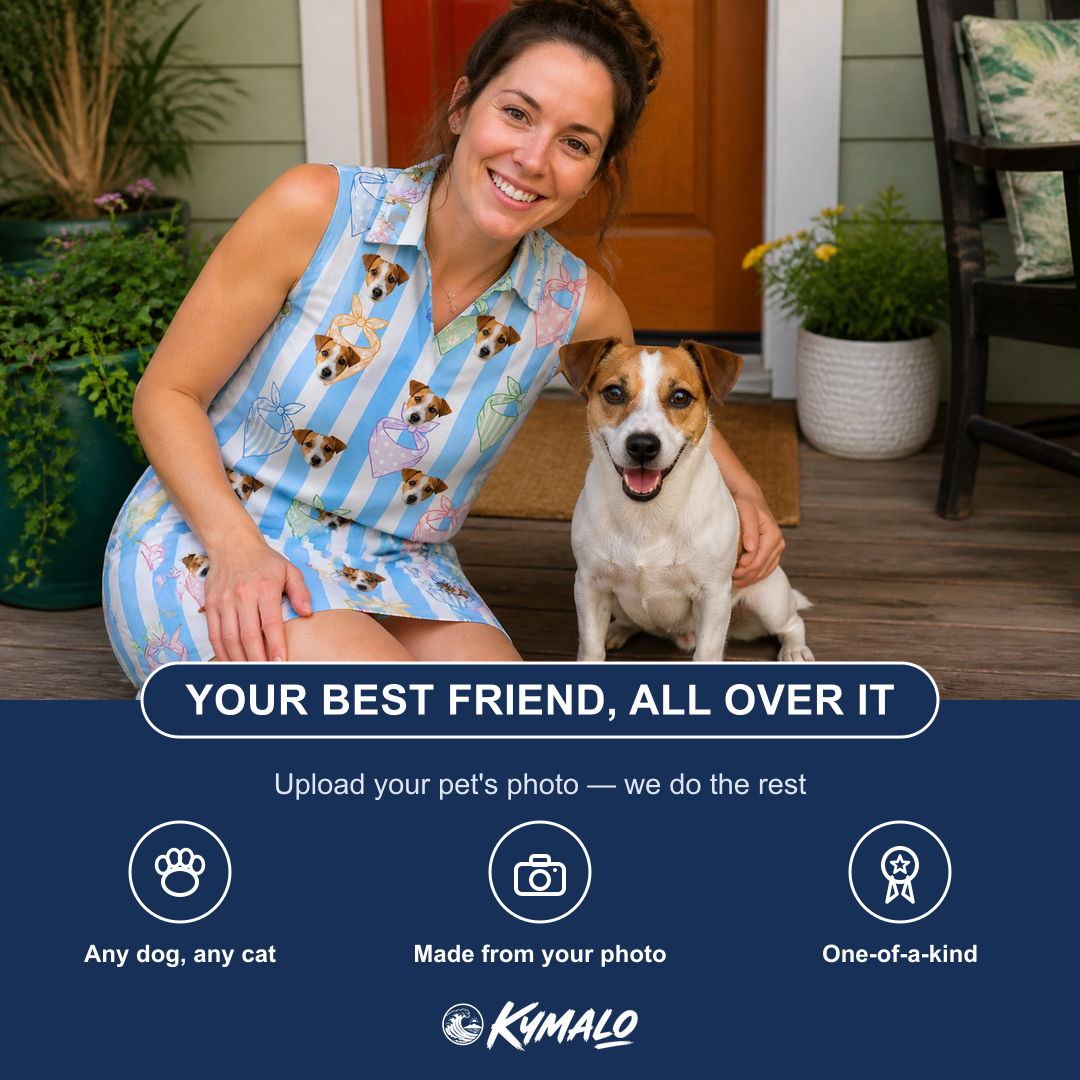 Friends in matching Women's Paisley Pooches Custom Dog Face V-Neck Dress — a group gift photo