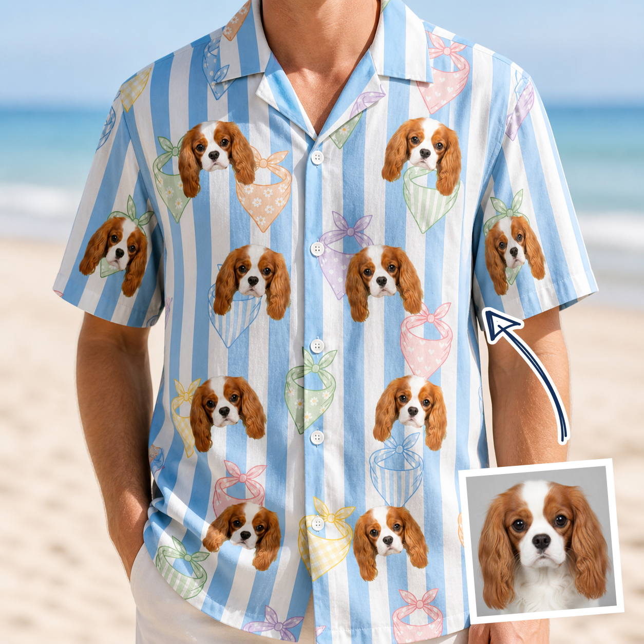 Man wearing Men's Paisley Pooches Custom Dog Face Hawaiian Shirt — custom faces printed all-over