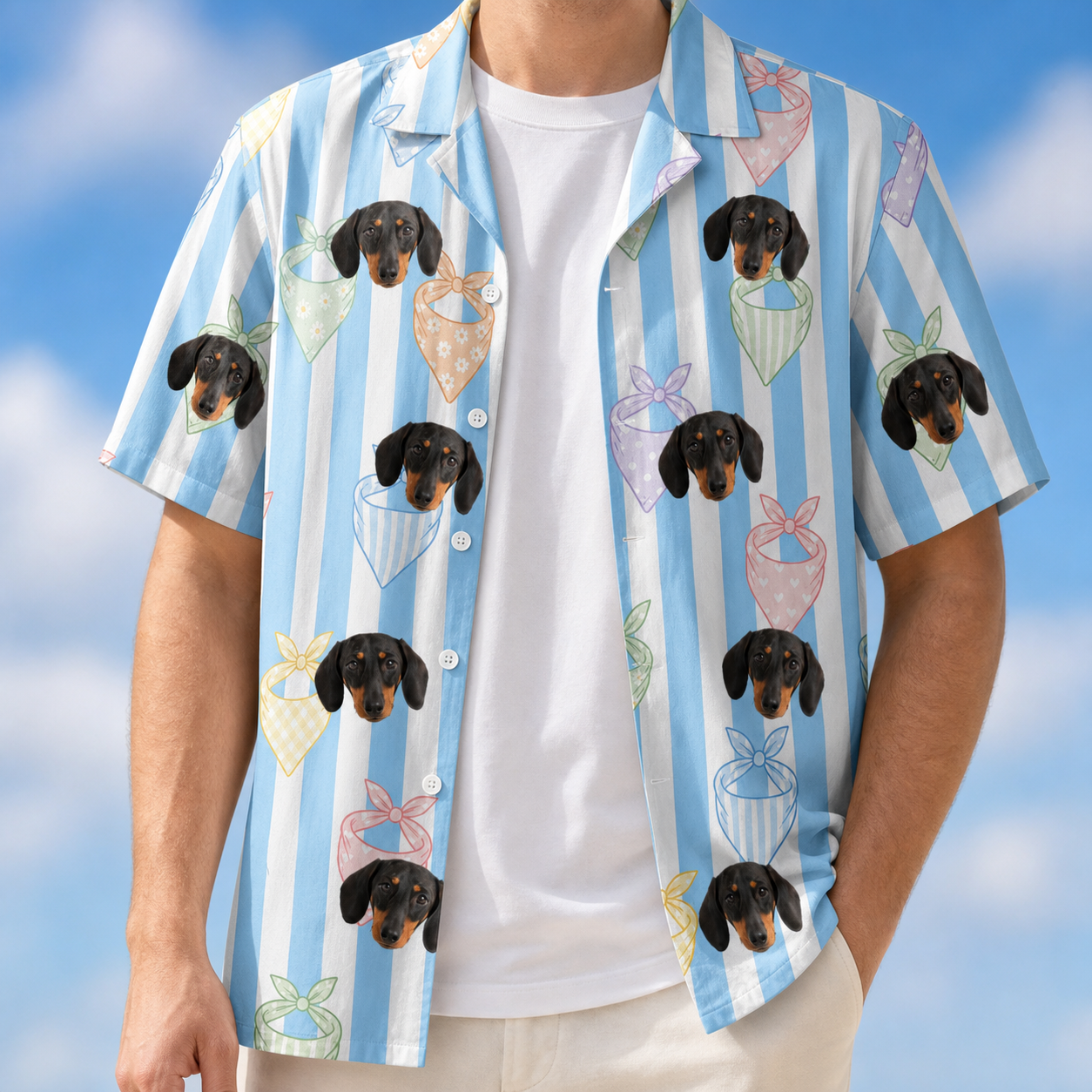 Man wearing Men's Paisley Pooches Custom Dog Face Hawaiian Shirt open over a white tee