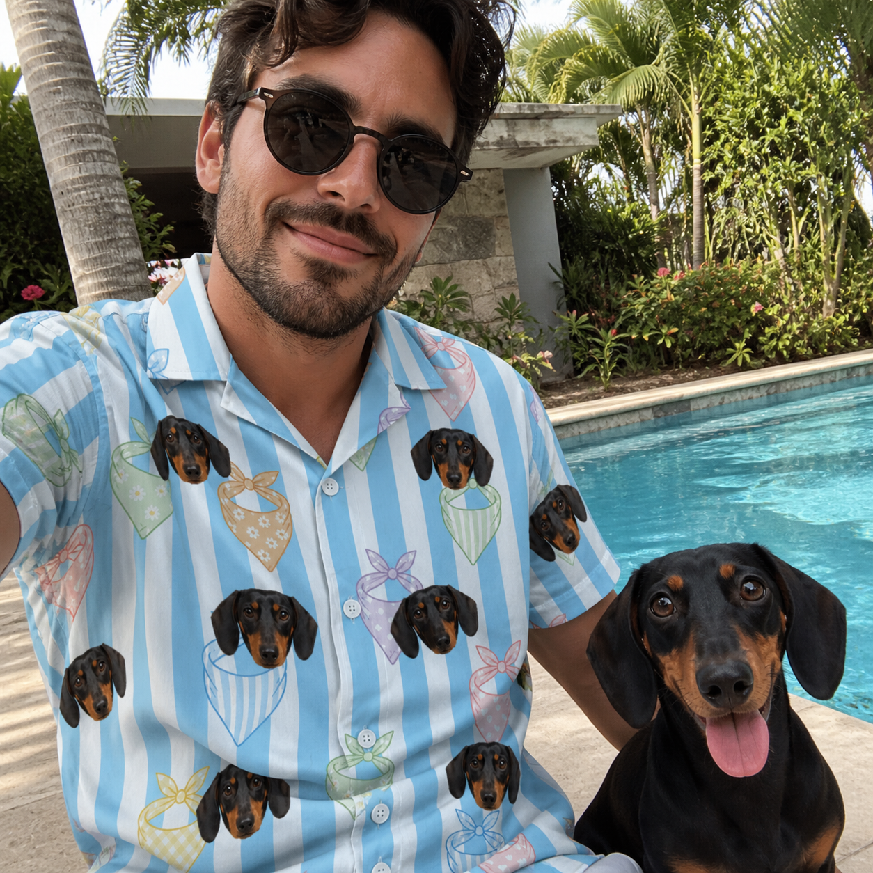 Selfie with the pet whose face is printed all over this Men's Paisley Pooches Custom Dog Face Hawaiian Shirt