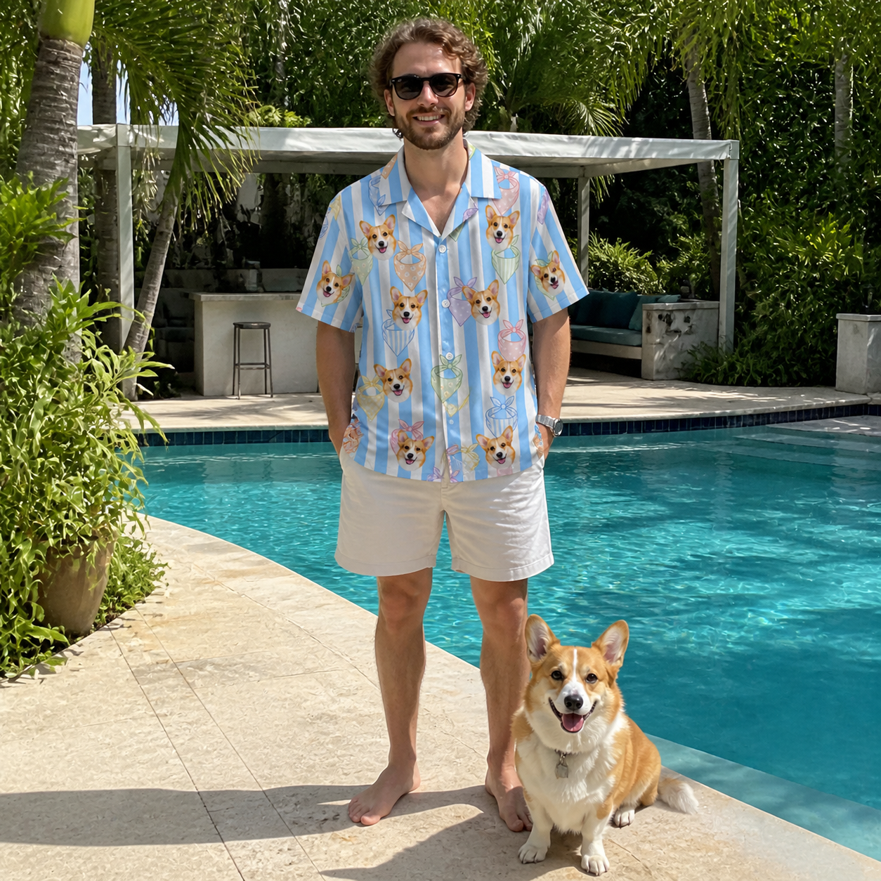 Full-length photo with the pet printed all over this Men's Paisley Pooches Custom Dog Face Hawaiian Shirt