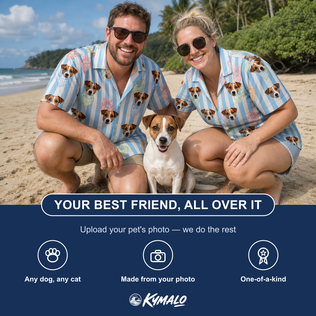 Friends in matching Men's Paisley Pooches Custom Dog Face Hawaiian Shirt — a group gift photo