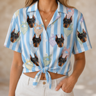 Woman wearing Women's Paisley Pooches Custom Dog Face Hawaiian Shirt tied at the waist