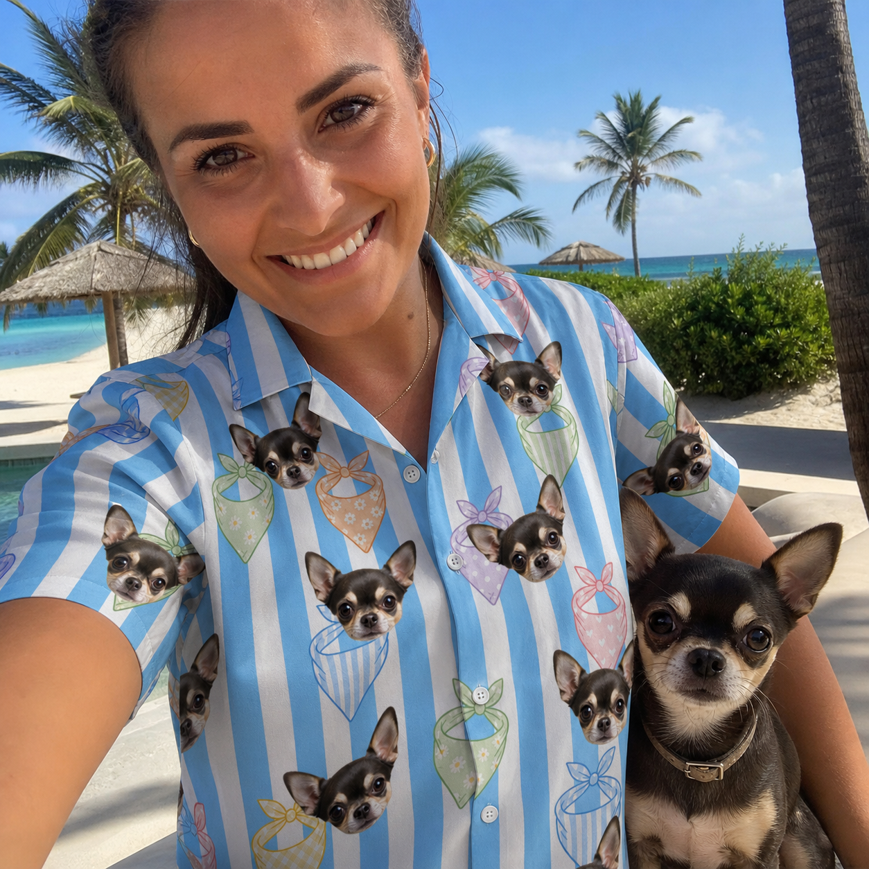 Selfie with the pet whose face is printed all over this Women's Paisley Pooches Custom Dog Face Hawaiian Shirt