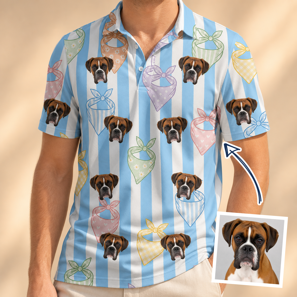 Man wearing Men's Paisley Pooches Custom Dog Face Polo Shirt — custom faces printed all-over
