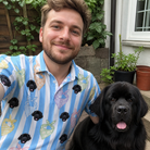 Selfie with the pet whose face is printed all over this Men's Paisley Pooches Custom Dog Face Polo Shirt