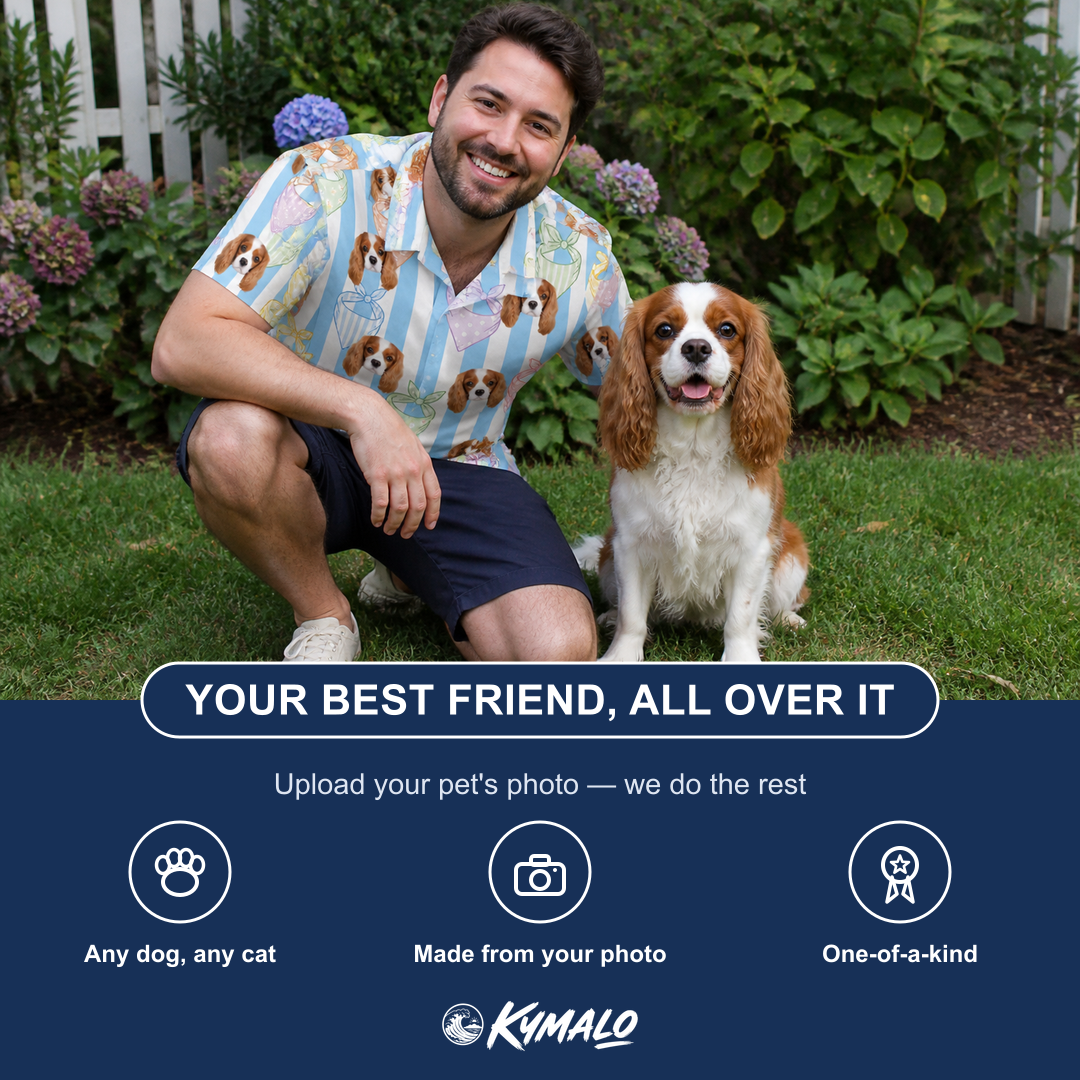 Friends in matching Men's Paisley Pooches Custom Dog Face Polo Shirt — a group gift photo