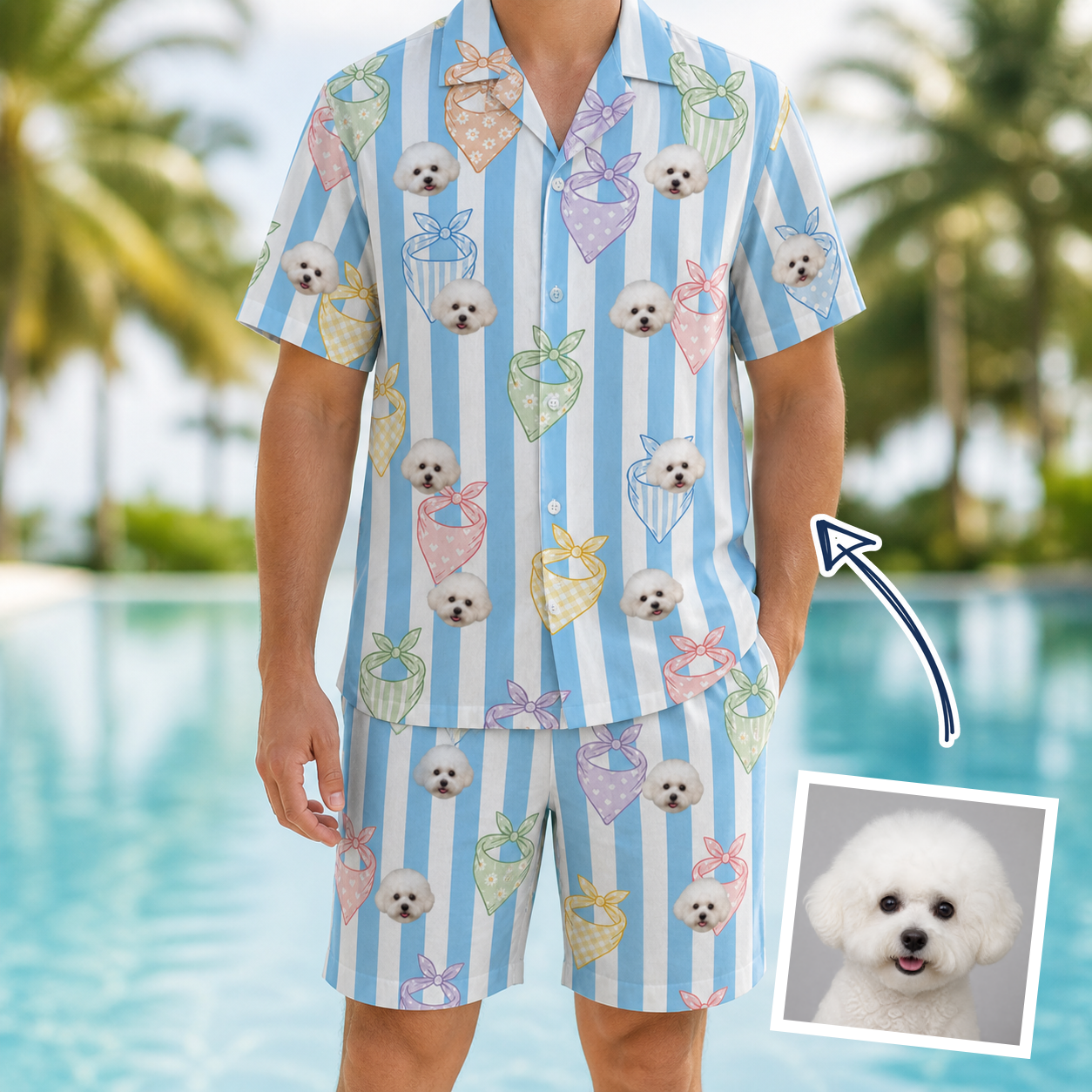 Man wearing Men's Paisley Pooches Custom Dog Face Shirt & Shorts Set — custom faces printed all-over