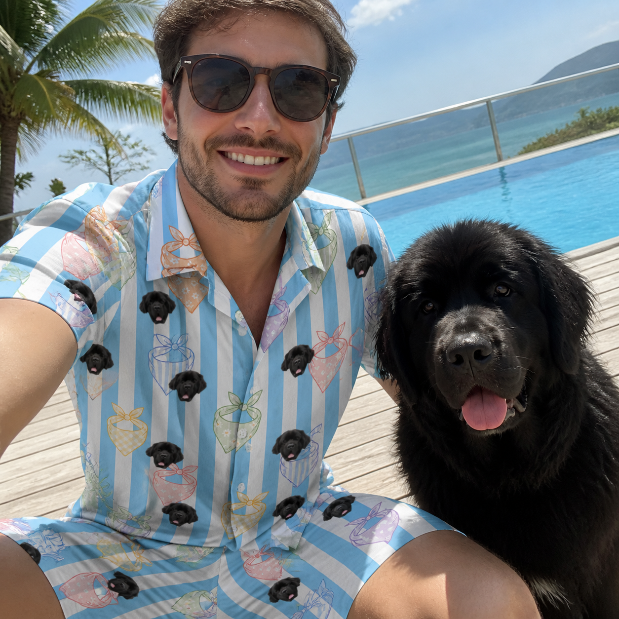 Selfie with the pet whose face is printed all over this Men's Paisley Pooches Custom Dog Face Shirt & Shorts Set
