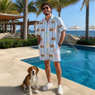 Full-length photo with the pet printed all over this Men's Paisley Pooches Custom Dog Face Shirt & Shorts Set
