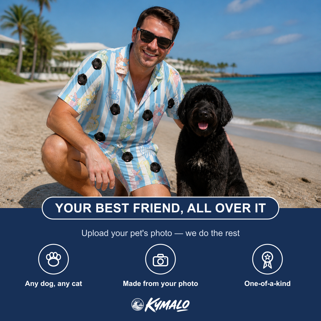 Friends in matching Men's Paisley Pooches Custom Dog Face Shirt & Shorts Set — a group gift photo
