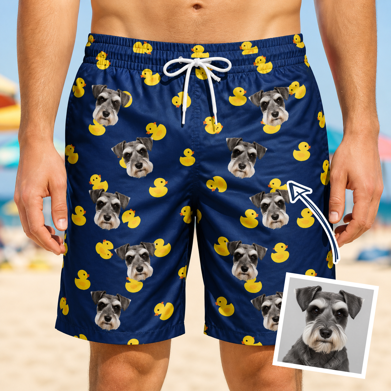 Man wearing Men's Quack Pack Custom Dog Face Beach Shorts — custom faces printed all-over