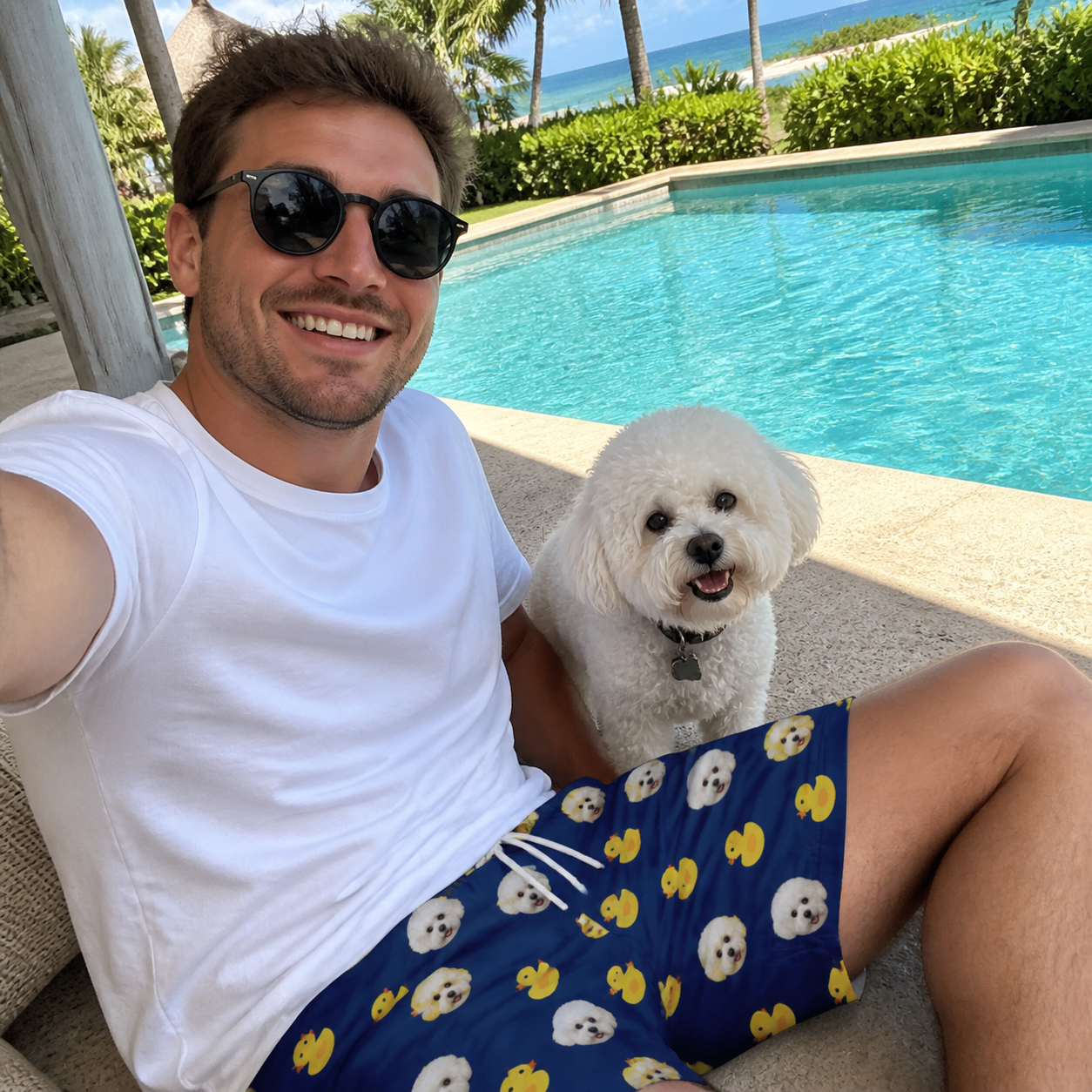 Selfie with the pet whose face is printed all over this Men's Quack Pack Custom Dog Face Beach Shorts