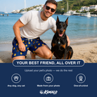 Friends in matching Men's Quack Pack Custom Dog Face Beach Shorts — a group gift photo