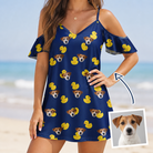 Woman wearing Women's Quack Pack Custom Dog Face Off-Shoulder Dress — custom faces printed all-over