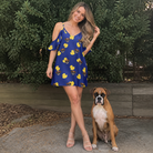 Full-length photo with the pet printed all over this Women's Quack Pack Custom Dog Face Off-Shoulder Dress