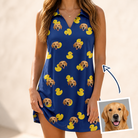 Woman wearing Women's Quack Pack Custom Dog Face V-Neck Dress — custom faces printed all-over