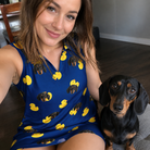 Selfie with the pet whose face is printed all over this Women's Quack Pack Custom Dog Face V-Neck Dress