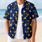 Man wearing Men's Quack Pack Custom Dog Face Hawaiian Shirt open over a white tee