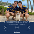 Friends in matching Men's Quack Pack Custom Dog Face Hawaiian Shirt — a group gift photo