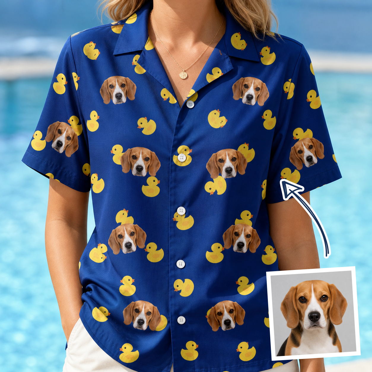 Woman wearing Women's Quack Pack Custom Dog Face Hawaiian Shirt — custom faces printed all-over