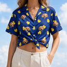 Woman wearing Women's Quack Pack Custom Dog Face Hawaiian Shirt tied at the waist