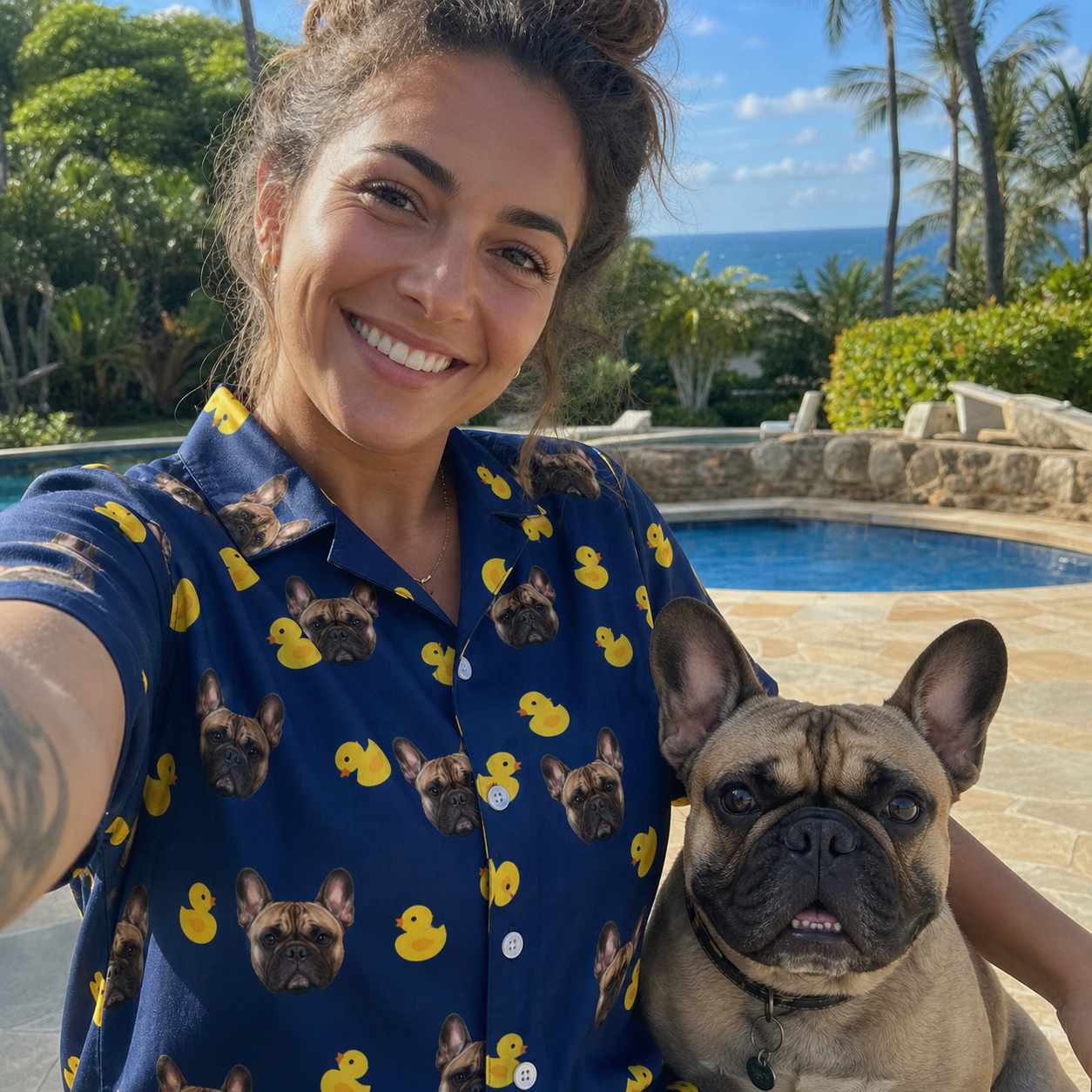 Selfie with the pet whose face is printed all over this Women's Quack Pack Custom Dog Face Hawaiian Shirt