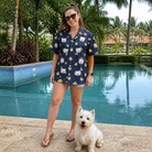 Full-length photo with the pet printed all over this Women's Quack Pack Custom Dog Face Hawaiian Shirt