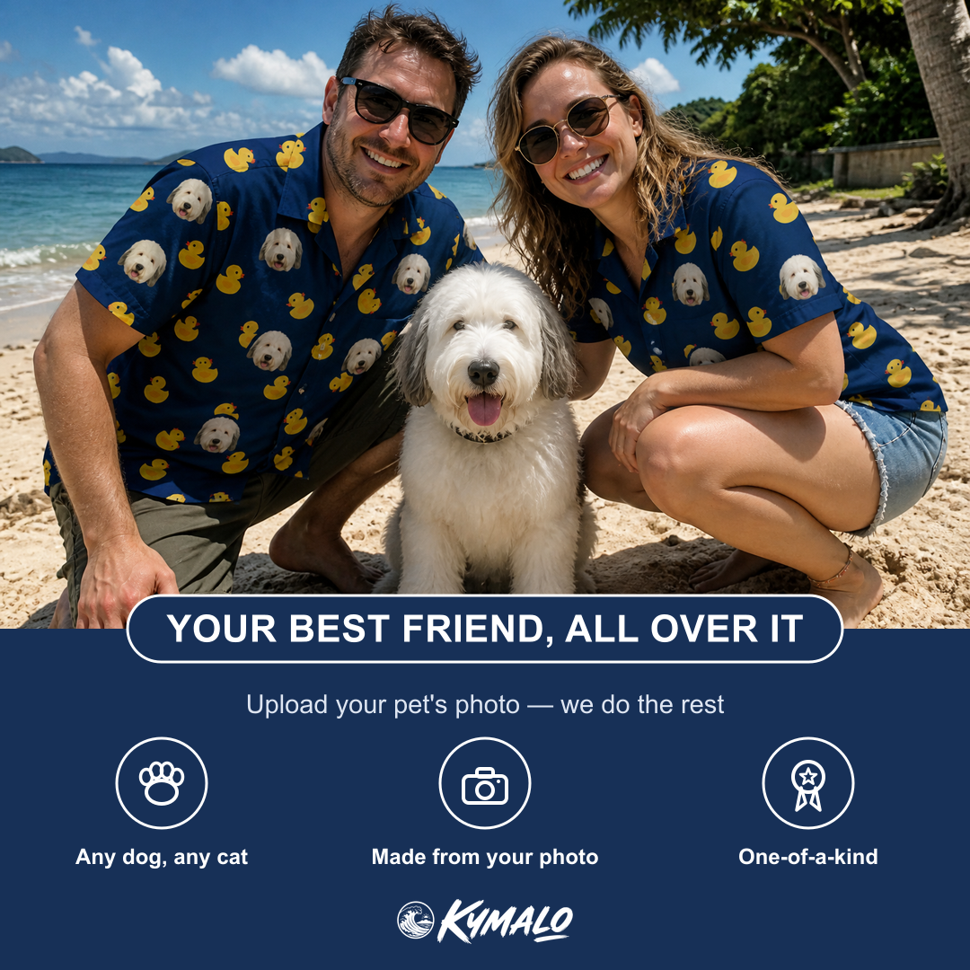 Friends in matching Women's Quack Pack Custom Dog Face Hawaiian Shirt — a group gift photo