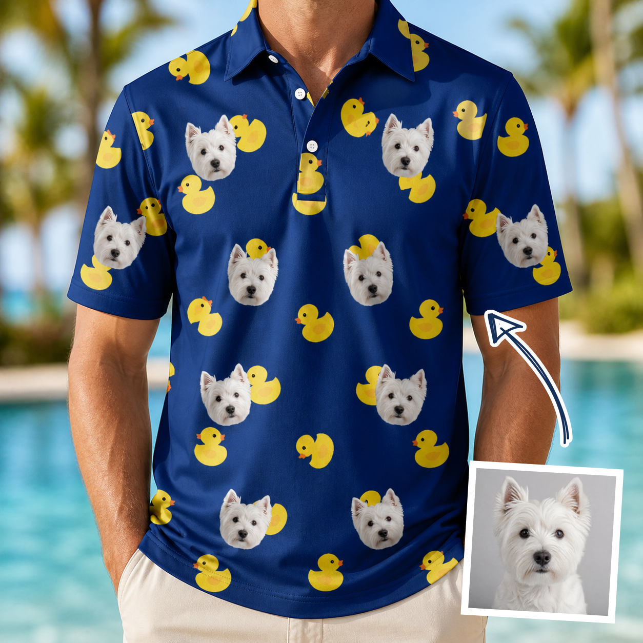 Man wearing Men's Quack Pack Custom Dog Face Polo Shirt — custom faces printed all-over