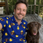 Selfie with the pet whose face is printed all over this Men's Quack Pack Custom Dog Face Polo Shirt