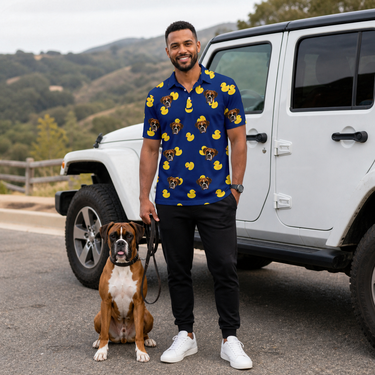 Full-length photo with the pet printed all over this Men's Quack Pack Custom Dog Face Polo Shirt