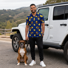Full-length photo with the pet printed all over this Men's Quack Pack Custom Dog Face Polo Shirt