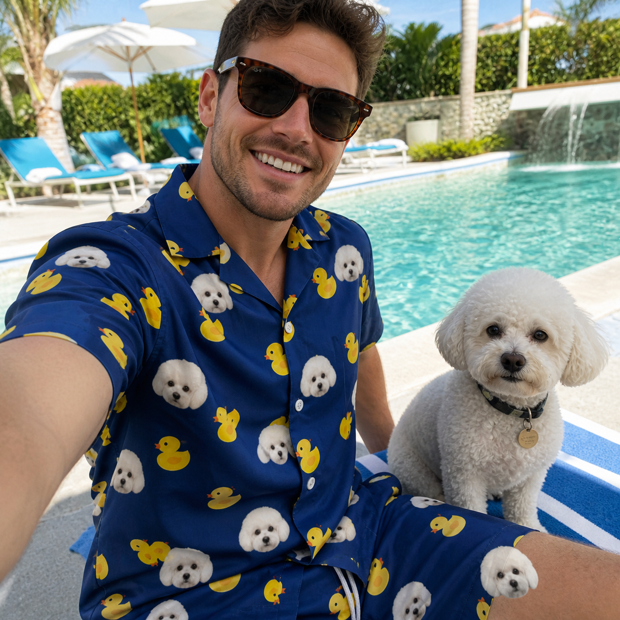 Selfie with the pet whose face is printed all over this Men's Quack Pack Custom Dog Face Shirt & Shorts Set