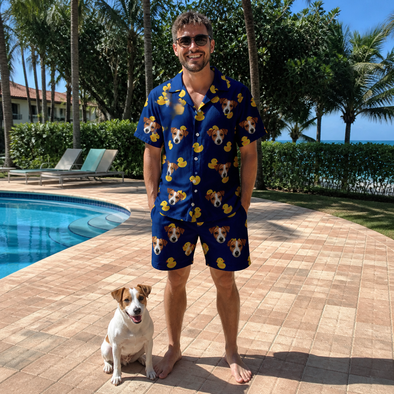 Full-length photo with the pet printed all over this Men's Quack Pack Custom Dog Face Shirt & Shorts Set