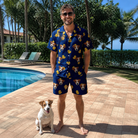 Full-length photo with the pet printed all over this Men's Quack Pack Custom Dog Face Shirt & Shorts Set