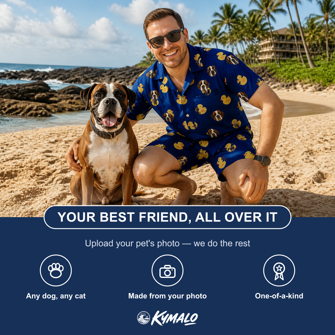Friends in matching Men's Quack Pack Custom Dog Face Shirt & Shorts Set — a group gift photo