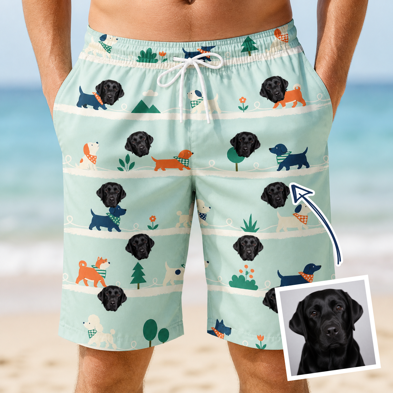 Man wearing Men's Kerchief Kapers Custom Dog Face Beach Shorts — custom faces printed all-over