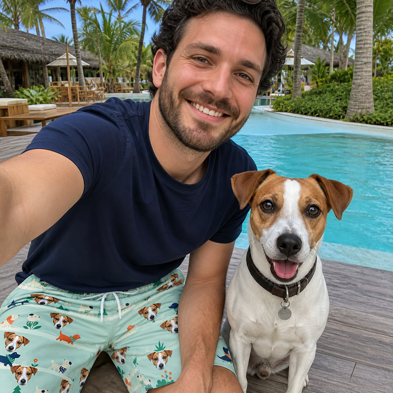 Selfie with the pet whose face is printed all over this Men's Kerchief Kapers Custom Dog Face Beach Shorts