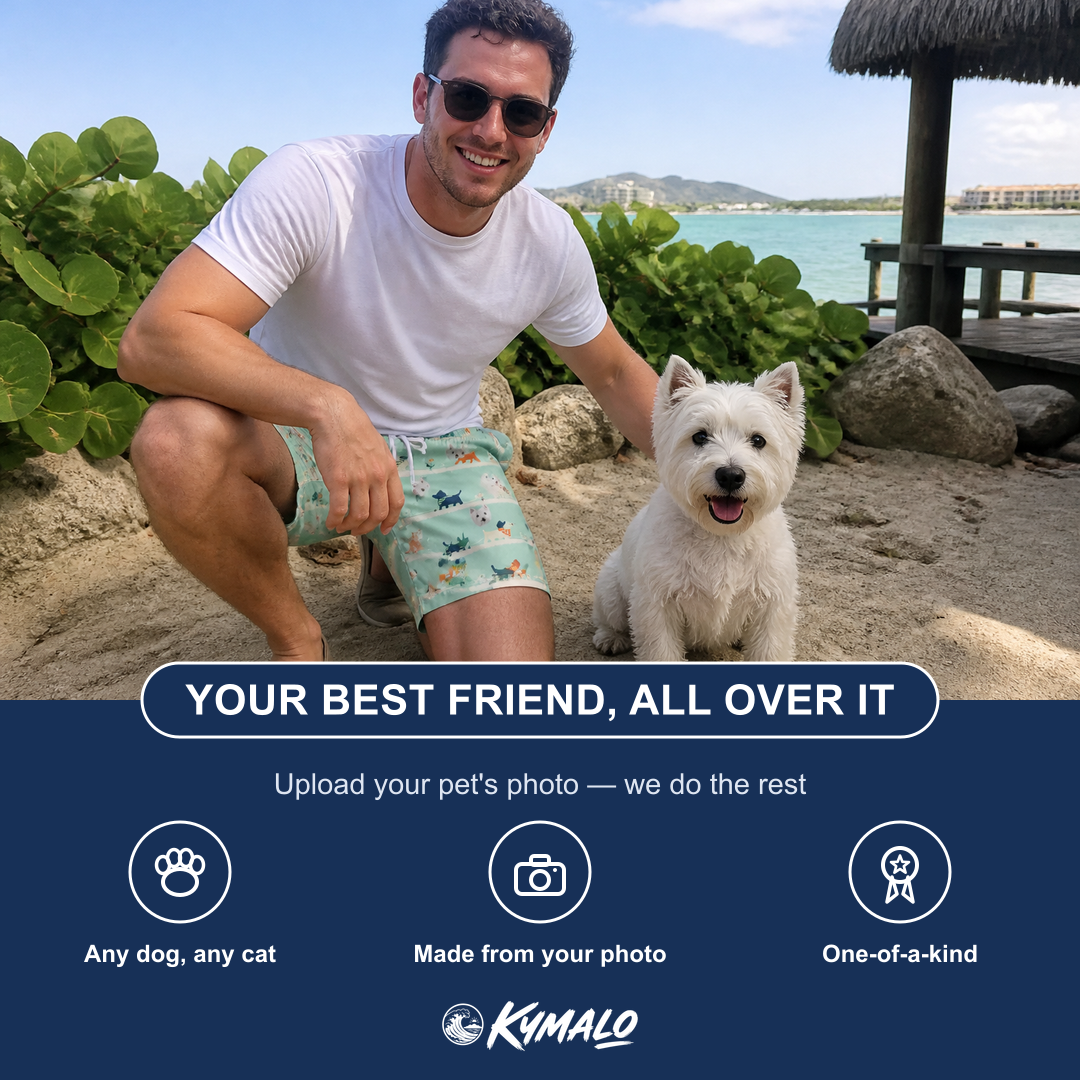 Friends in matching Men's Kerchief Kapers Custom Dog Face Beach Shorts — a group gift photo