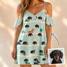 Woman wearing Women's Kerchief Kapers Custom Dog Face Off-Shoulder Dress — custom faces printed all-over