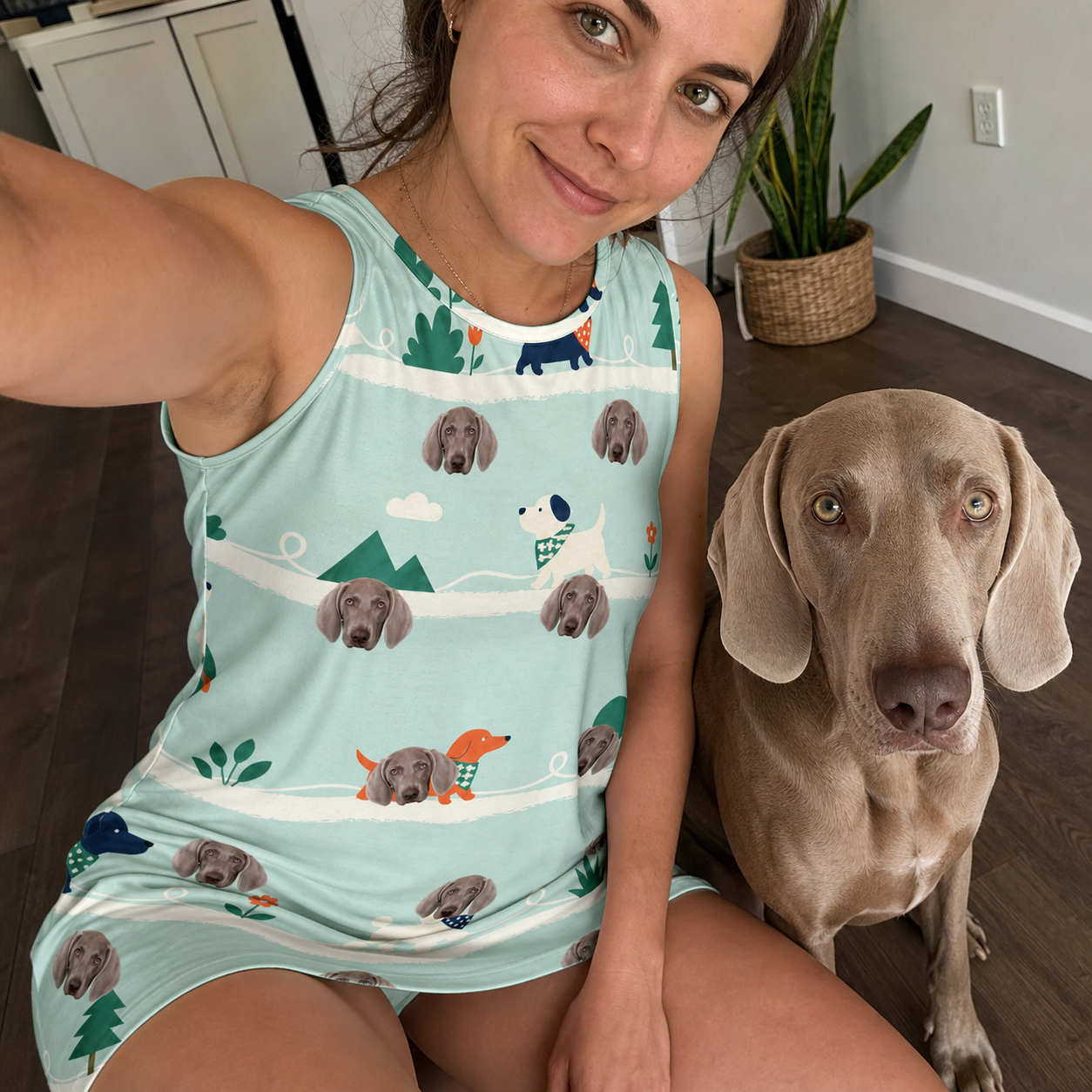 Selfie with the pet whose face is printed all over this Women's Kerchief Kapers Custom Dog Face Tank Dress