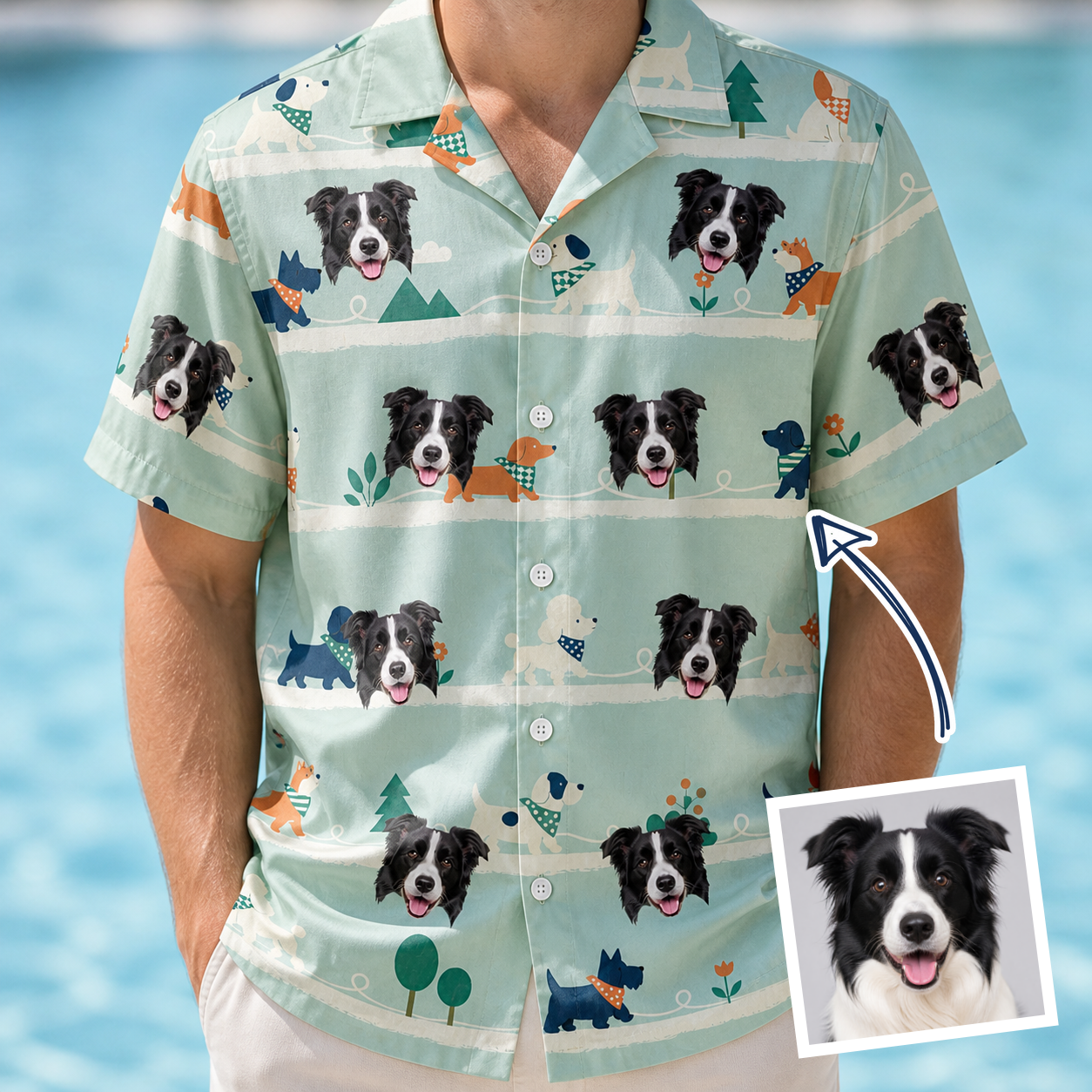 Man wearing Men's Kerchief Kapers Custom Dog Face Hawaiian Shirt — custom faces printed all-over
