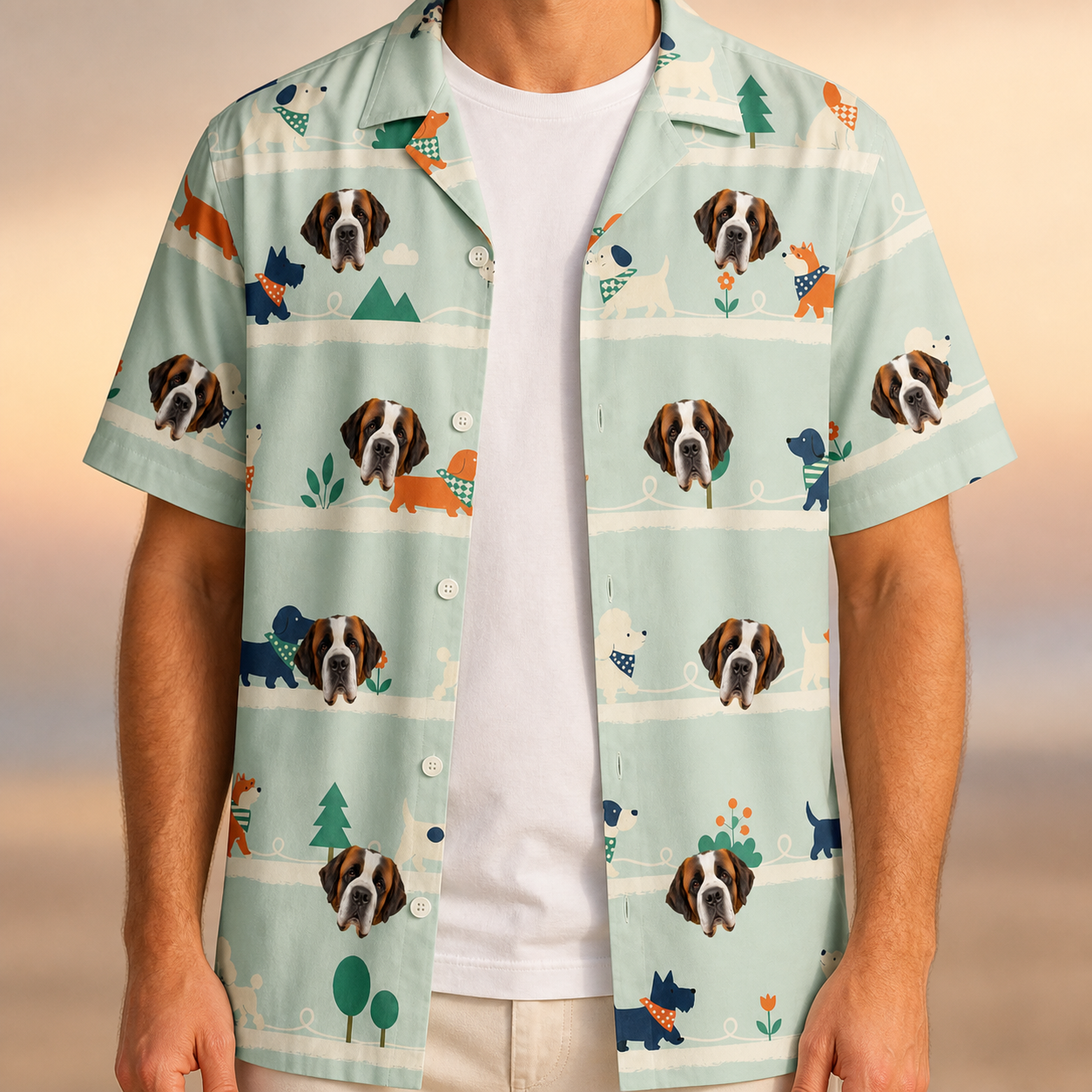 Man wearing Men's Kerchief Kapers Custom Dog Face Hawaiian Shirt open over a white tee