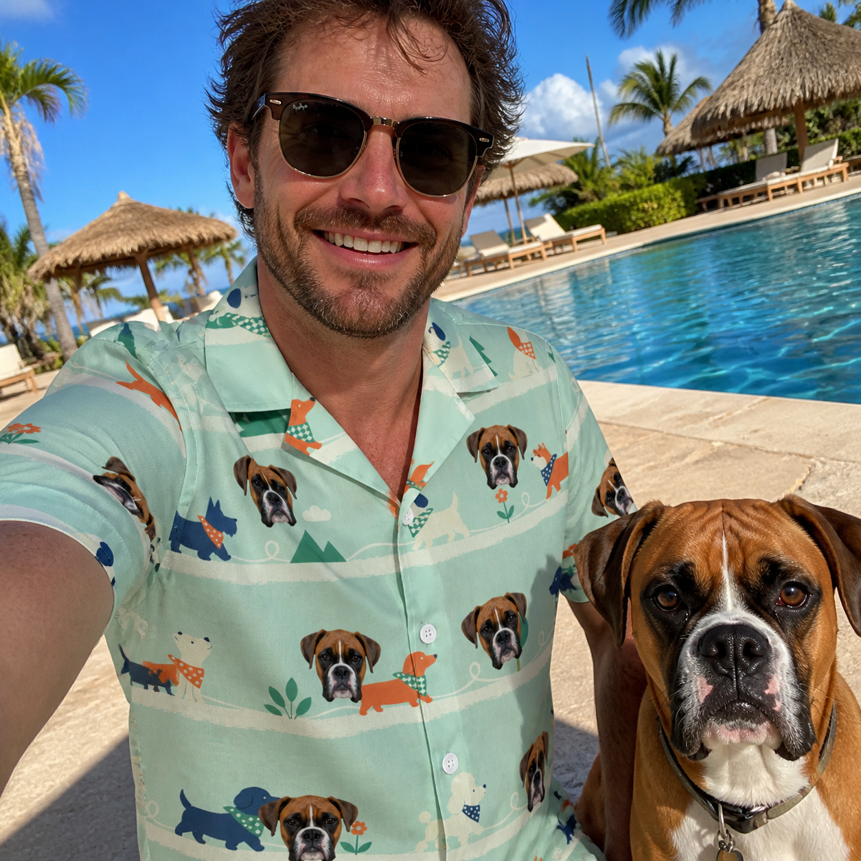 Selfie with the pet whose face is printed all over this Men's Kerchief Kapers Custom Dog Face Hawaiian Shirt