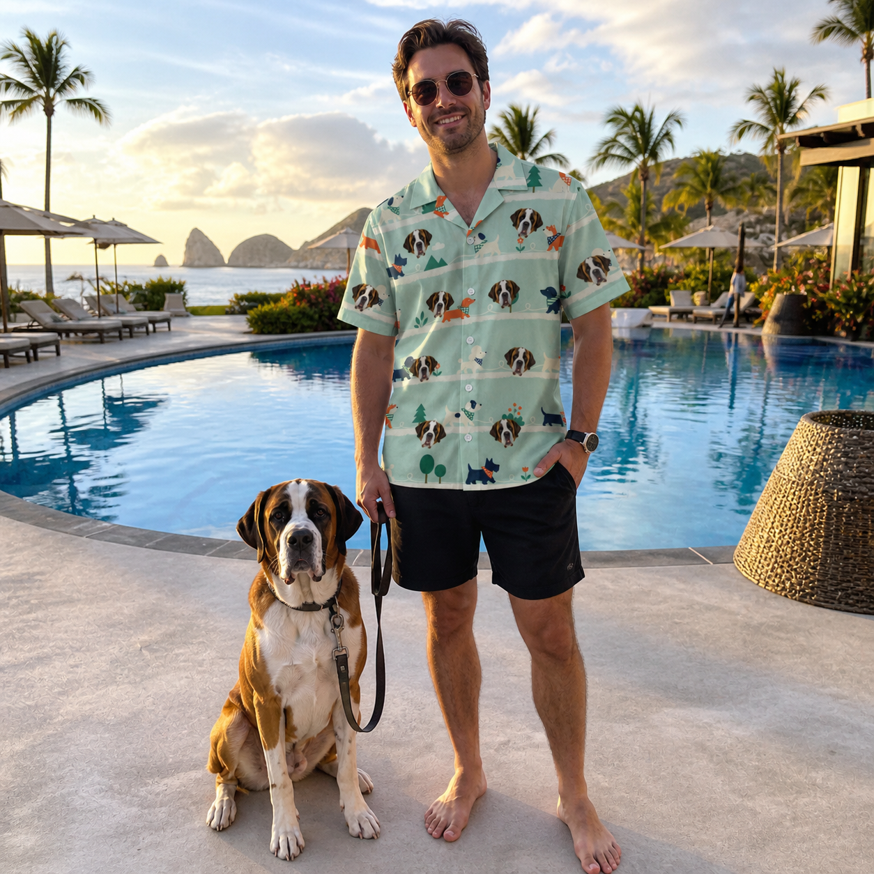 Full-length photo with the pet printed all over this Men's Kerchief Kapers Custom Dog Face Hawaiian Shirt