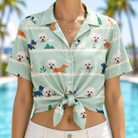 Woman wearing Women's Kerchief Kapers Custom Dog Face Hawaiian Shirt tied at the waist